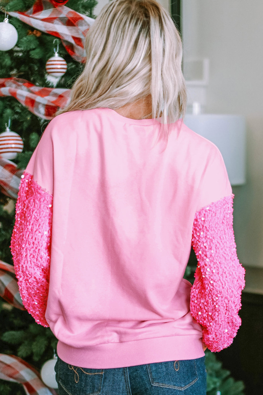 Pink Holly Jolly Sequin Letter Graphic Drop Shoulder Patchwork Long Sleeve Top