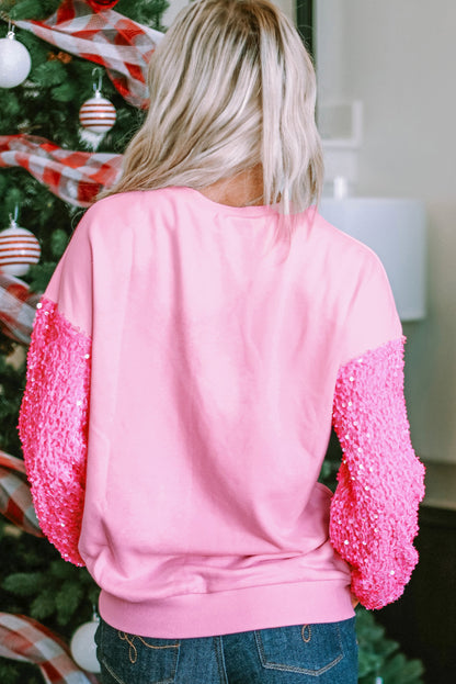 Pink Holly Jolly Sequin Letter Graphic Drop Shoulder Patchwork Long Sleeve Top