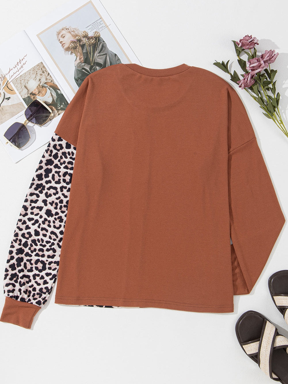 Golden Leopard Sequin Colorblock Long Sleeve Top