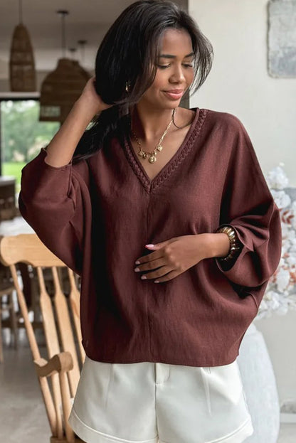 Red Sandalwood Braided Trim V Neck Oversize Top Drawstring Pants Loose 2pcs Outfit