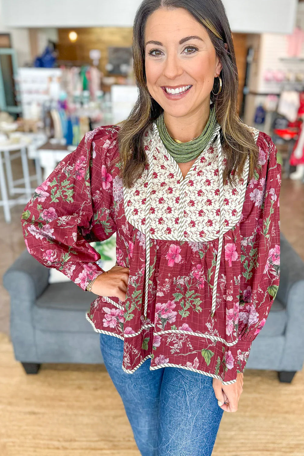 Red Floral Print Contrast Yoke Patchwork Striped Trim Long Puff Sleeve Blouse