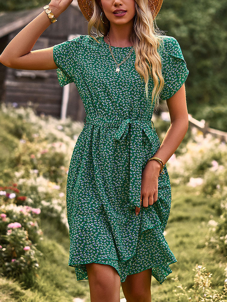 Mini Dresses - Temperament Floral Casual Strap Waist Round Neck Mini Dress - MsDressly