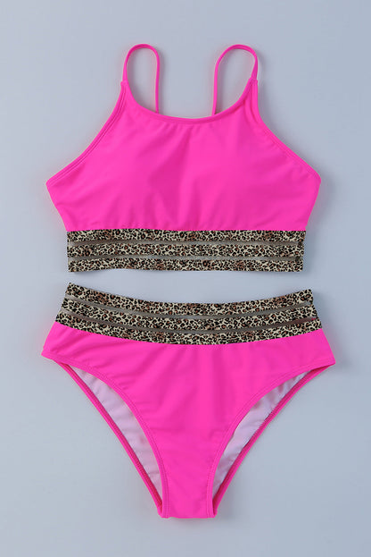 Leopard Mesh Trim Rosy Bikini Set with High Waist Bottom