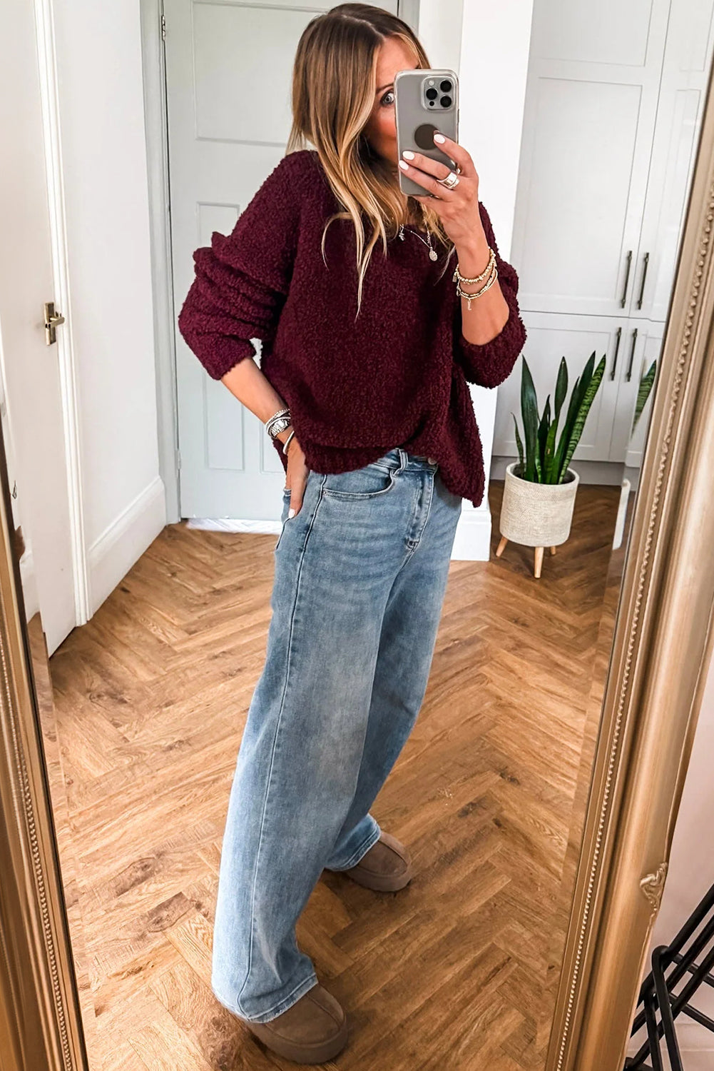 Burgundy Round Neck Fuzzy Knit Drop Shoulder Loose Sweater