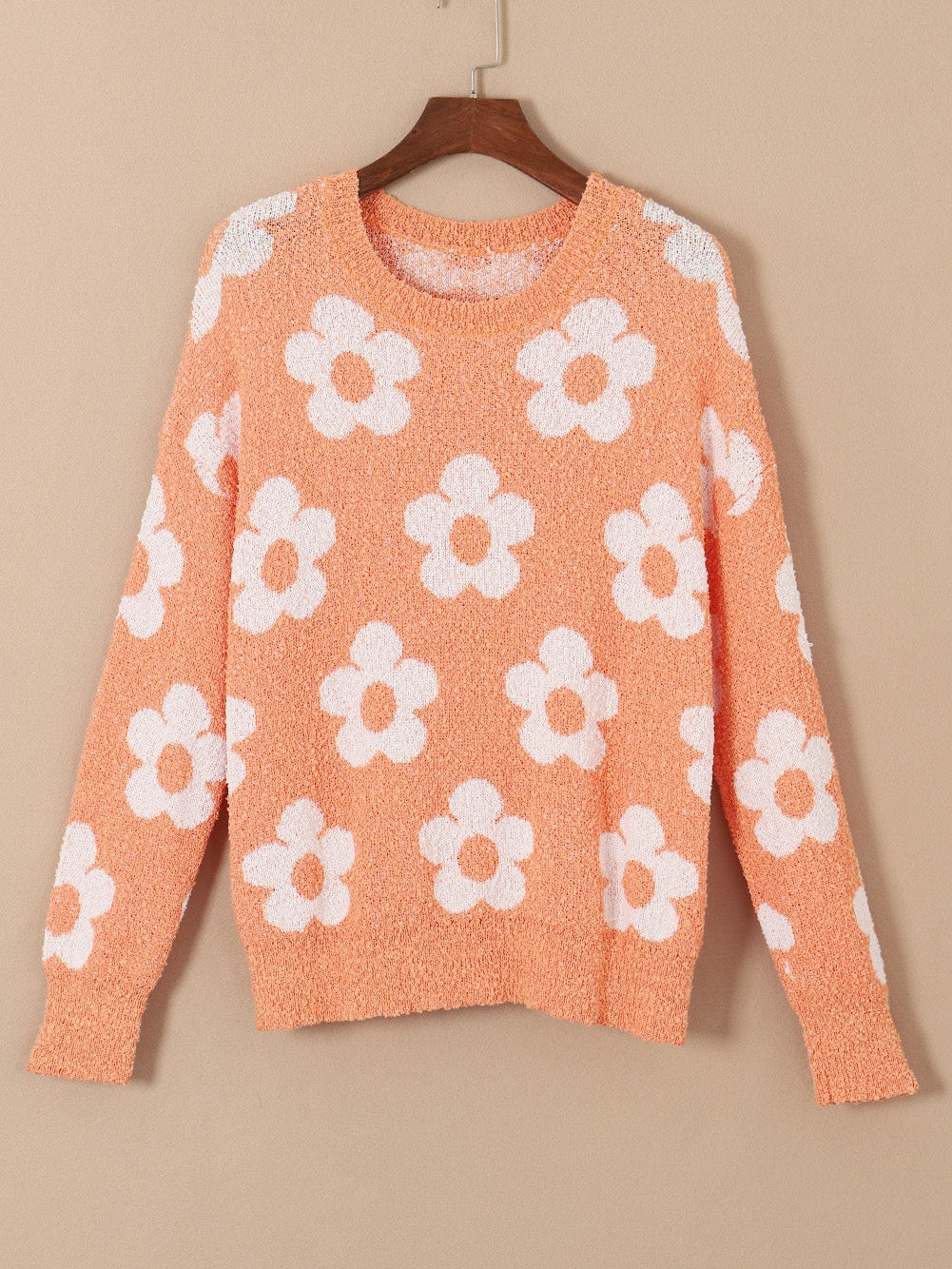 Grapefruit Orange Floral Knit Drop Shoulder Sweater with Fuzzy Texture