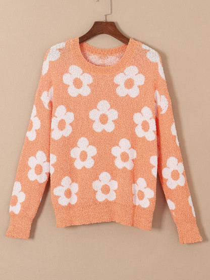 Grapefruit Orange Floral Knit Drop Shoulder Sweater with Fuzzy Texture