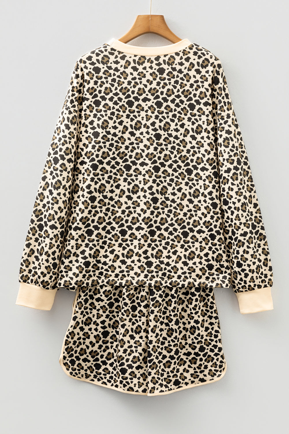 Brown Leopard Print Contrast Trim Long Sleeve Pullover Drawstring Shorts 2pcs Outfit