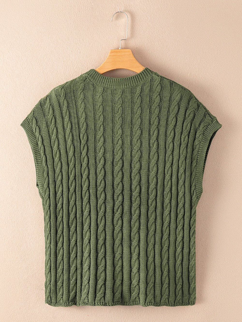 Green Jungle Cable Knit Short Sleeve Sweater with Crew Neck