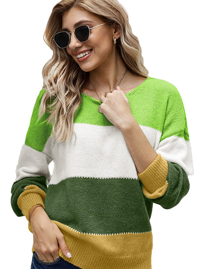 Green Color Block Winter Sweater - Stylish Pullover for Women