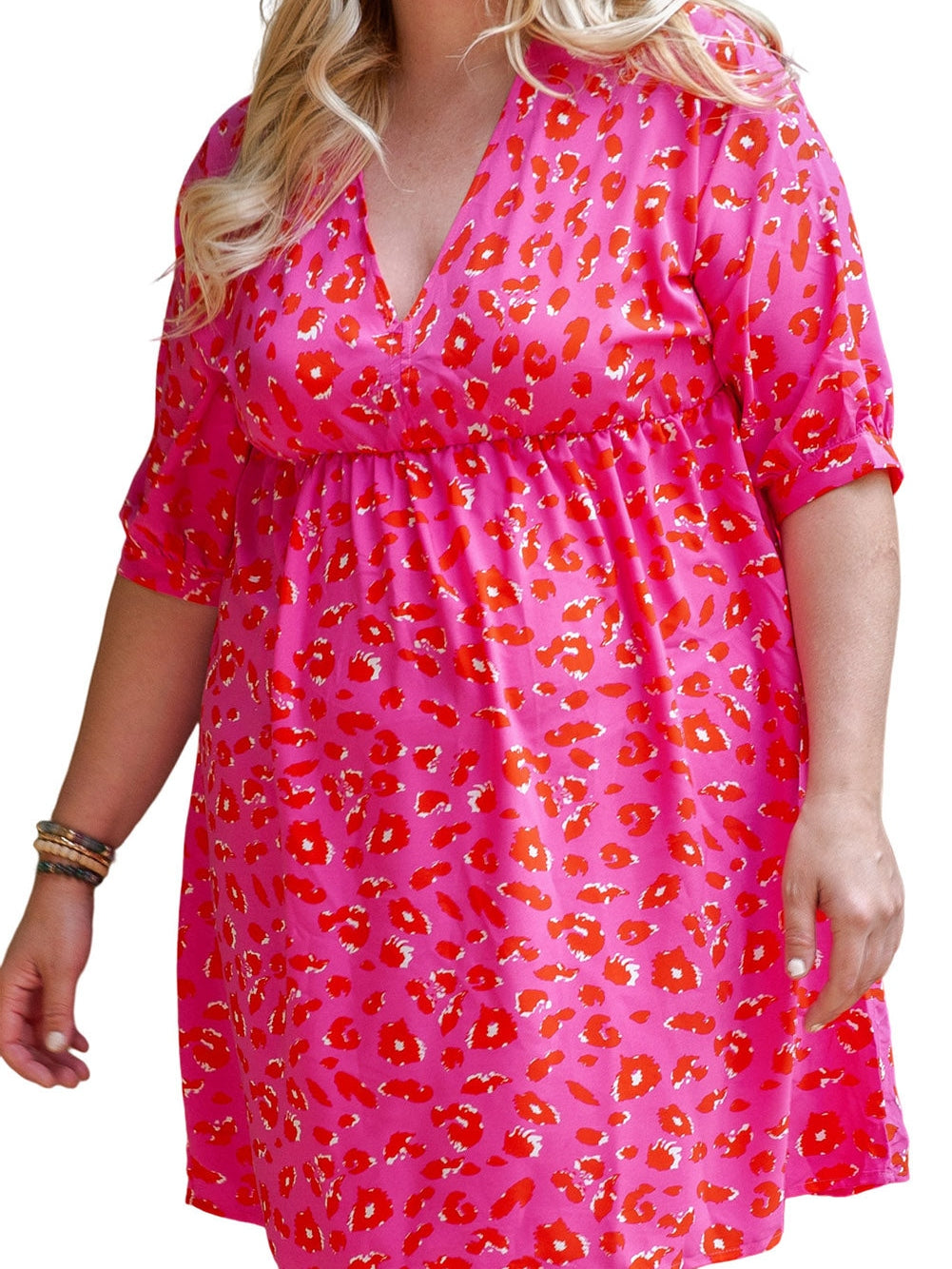 Leopard Print Plus Size Babydoll Dress with V Neck and Bubble Sleeves