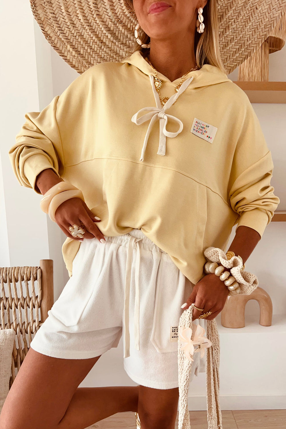 Yellow I WANT VACANCES Colorful Letter Patch Loose Hoodie