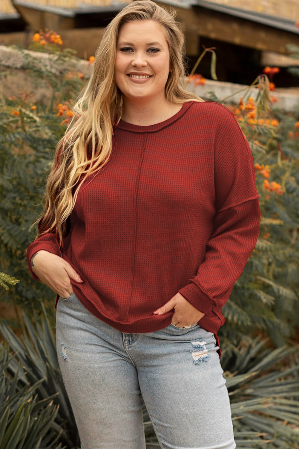 Flame Gold Plus Size Waffle Knit Top with Exposed Seam Detail