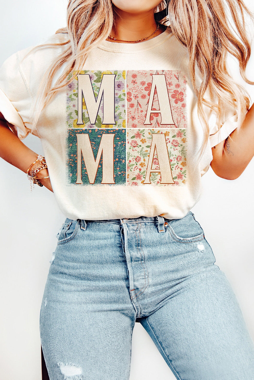 Elegant Floral Mama Print White Casual Tee