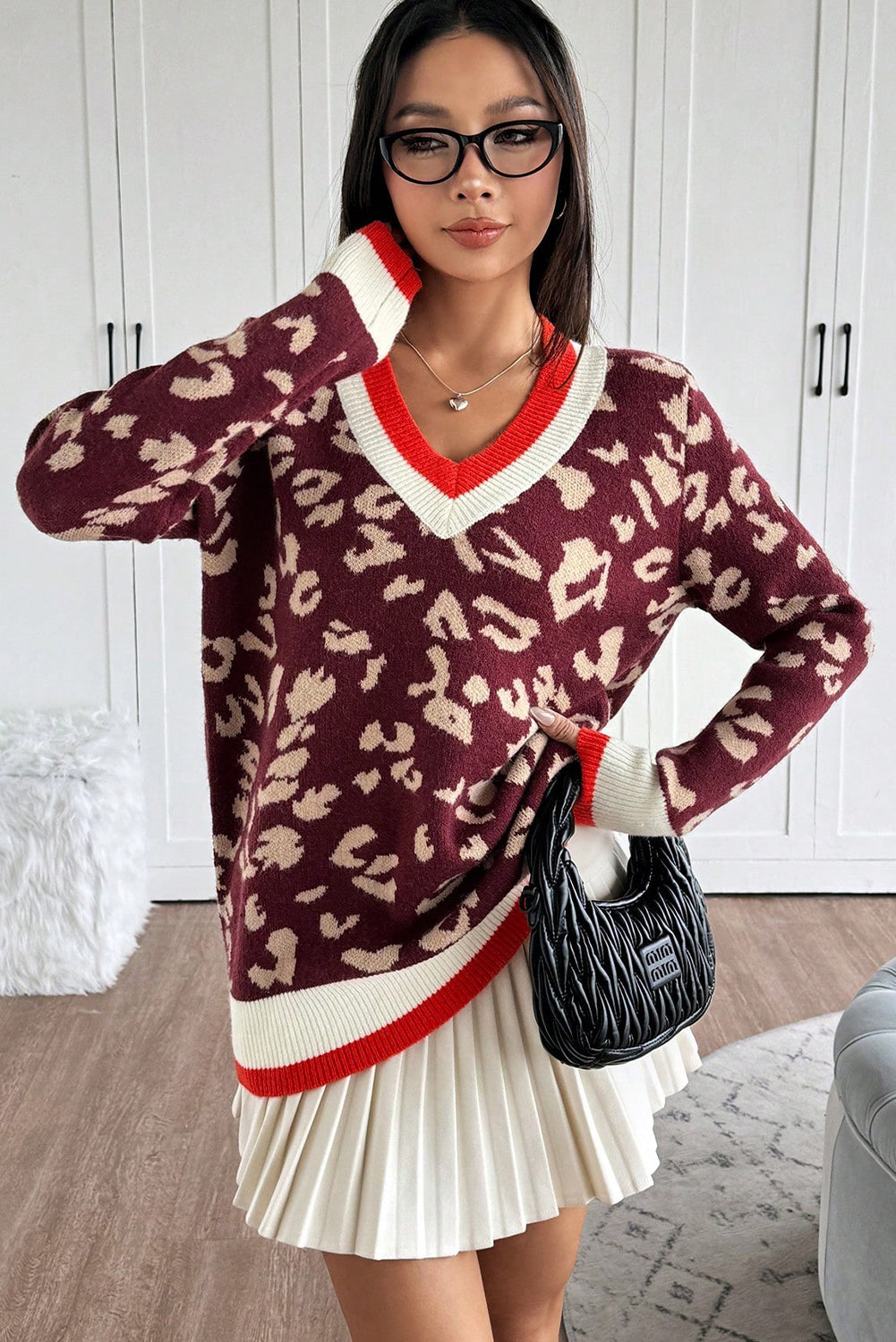Red Leopard Pattern Knit Contrast Striped Trim V Neck Sweater
