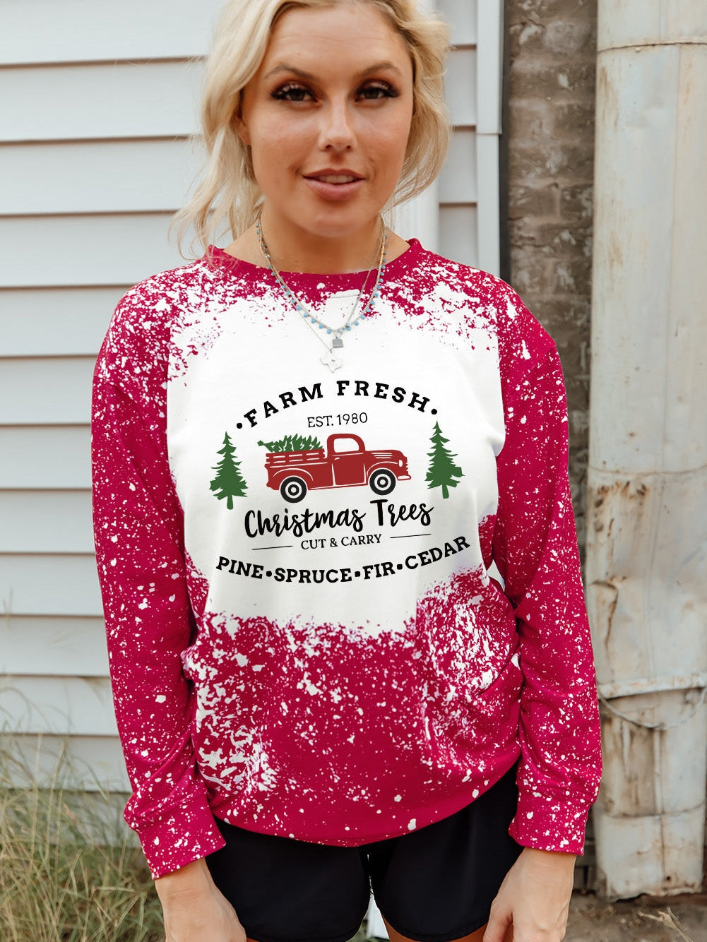 Festive Red Christmas Tree Truck Ink Splash Print Sweatshirt