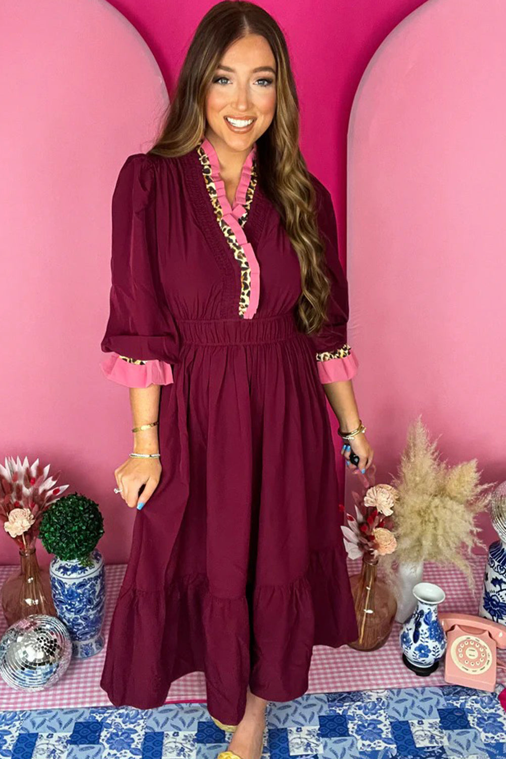 Burgundy Contrast Frilled Trim V Neck 3/4 Ruffled Sleeve Flowy Midi Dress