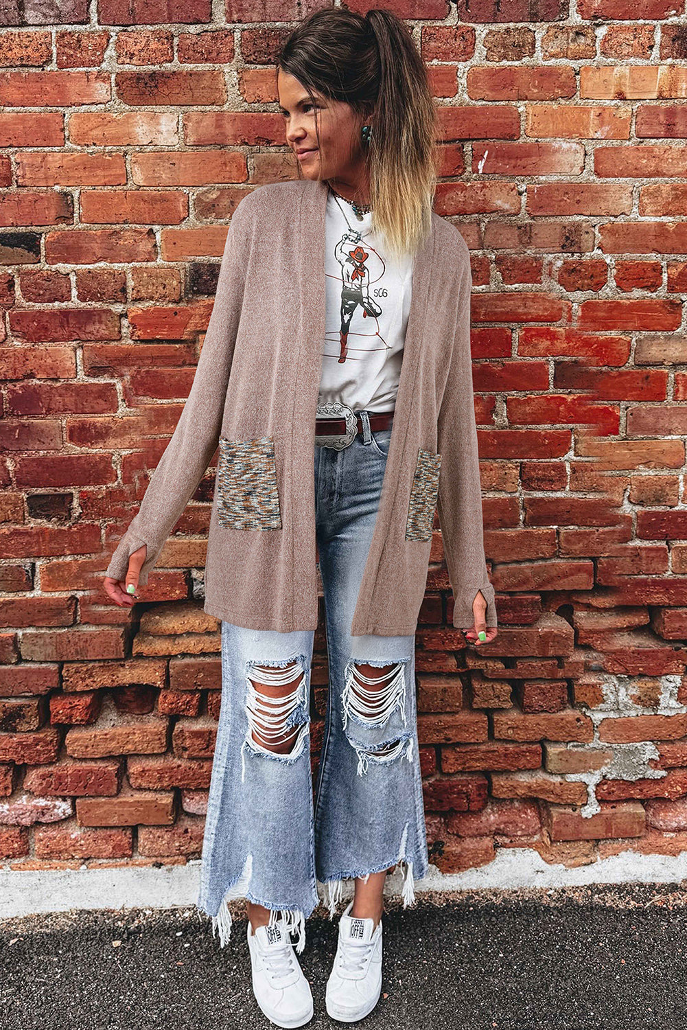 Dark Khaki Open Front Knit Contrast Patched Pocket Duster Cardigan