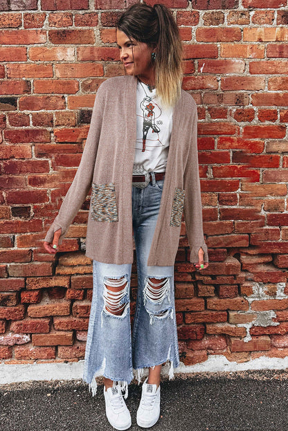 Dark Khaki Open Front Knit Contrast Patched Pocket Duster Cardigan