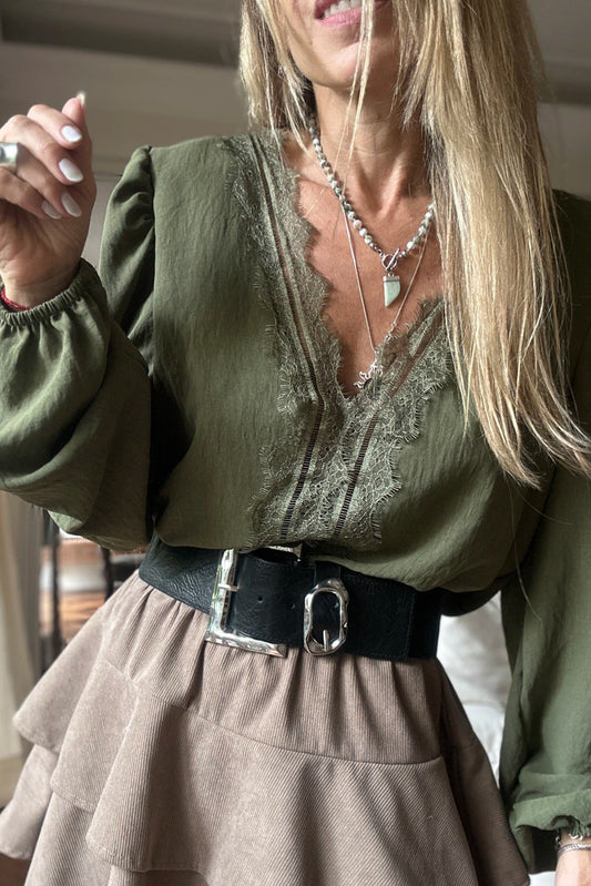 Grass Green Eyelash Patched V Neckline Puff Sleeve Blouse