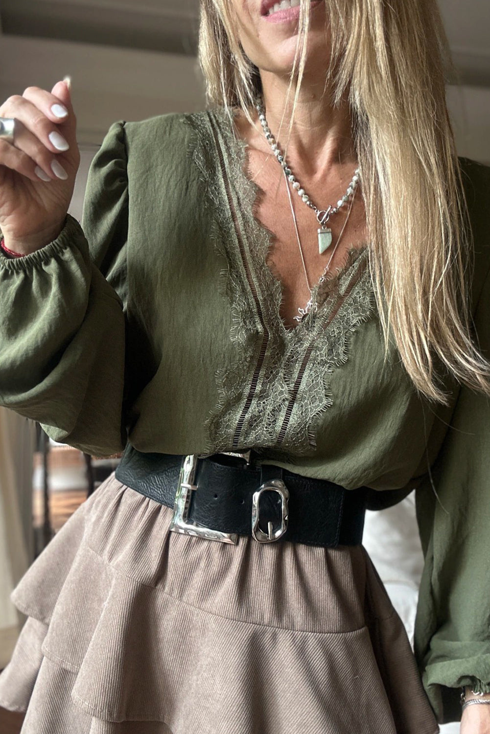 Grass Green Eyelash Patched V Neckline Puff Sleeve Blouse