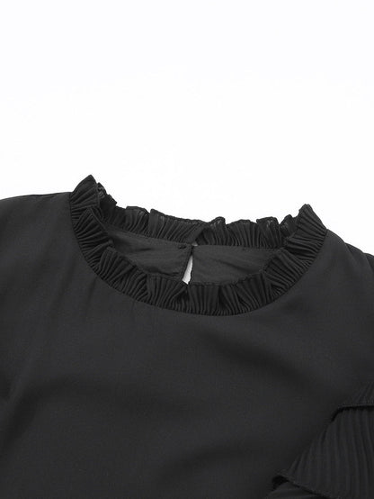 Elegant Black Ruffle Sleeve Keyhole Back Blouse
