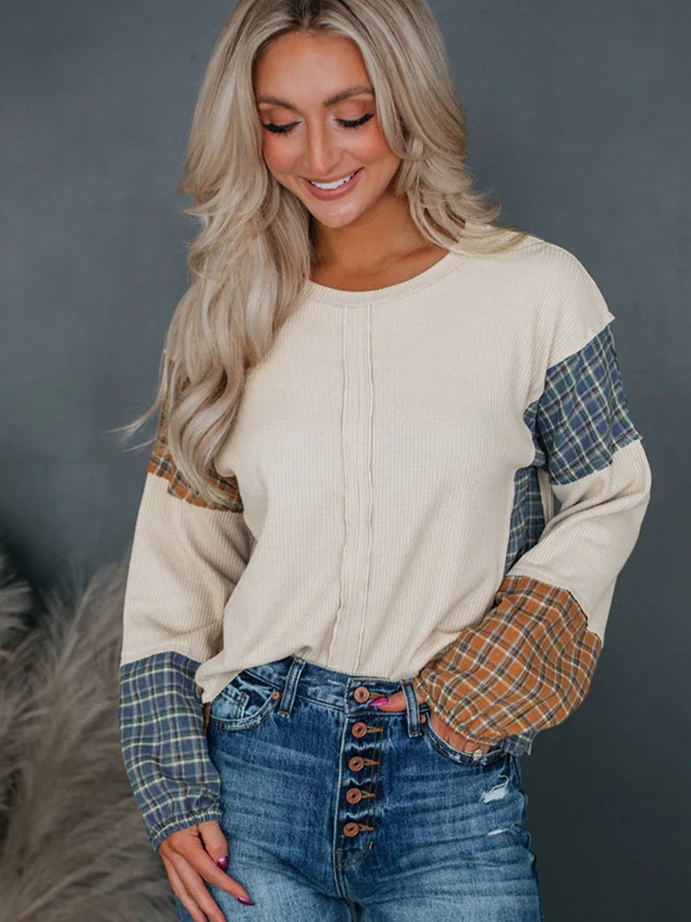 Gray Tartan Patchwork Distressed Long Sleeve Blouse