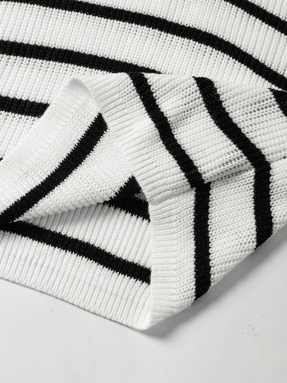 Elegant White Striped Half Zip Stand Neck Sweater Tee