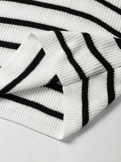 Elegant White Striped Half Zip Stand Neck Sweater Tee