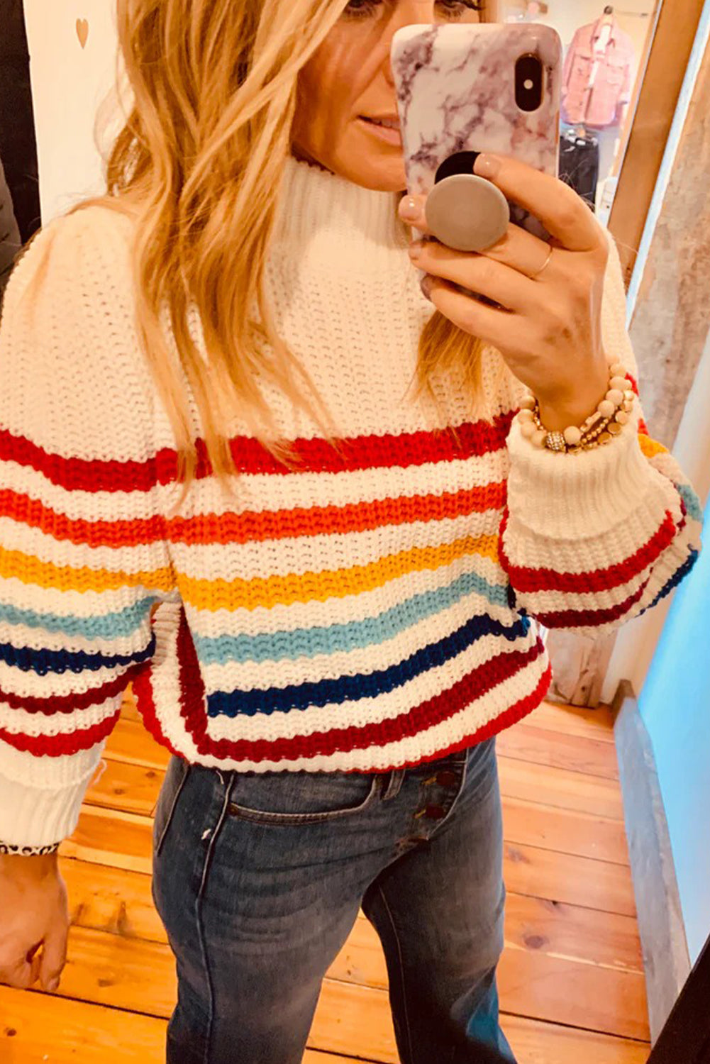White Stripe Textured Knit High Neck Puff Sleeve Sweater