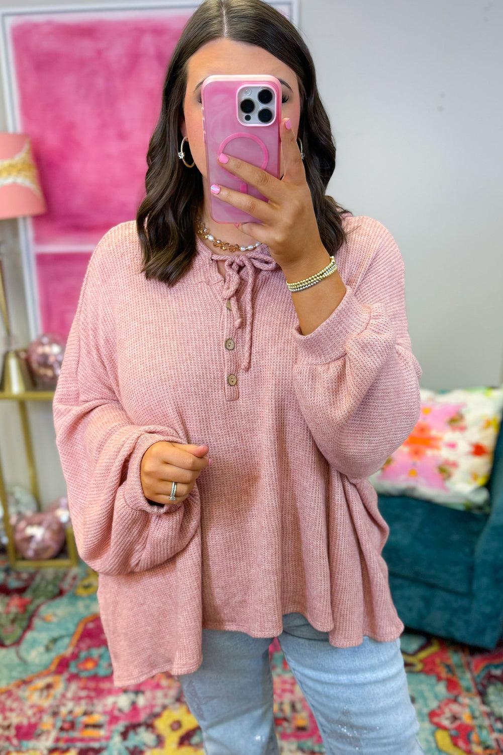 Gossamer Pink Waffle Textured Bubble Sleeve Plus Size Hooded Jumper