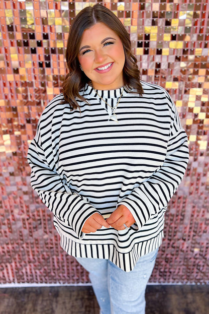 Black Stripe Delicate Stitch Detail Plus Size Drop Shoulder Pullover