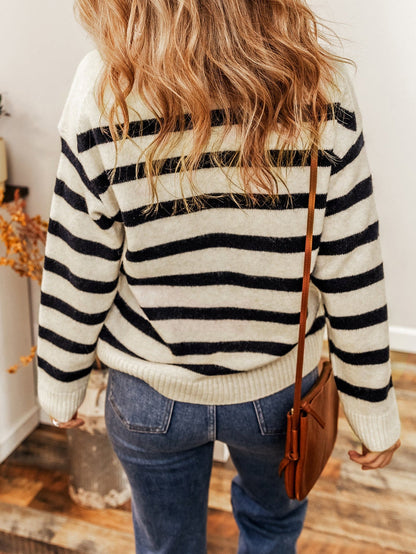 Apricot Striped Knit Collared V Neck Sweater with Drop Shoulder