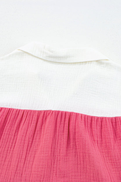 White Crinckle Colorblock Puff Sleeve Buttons Babydoll Dress