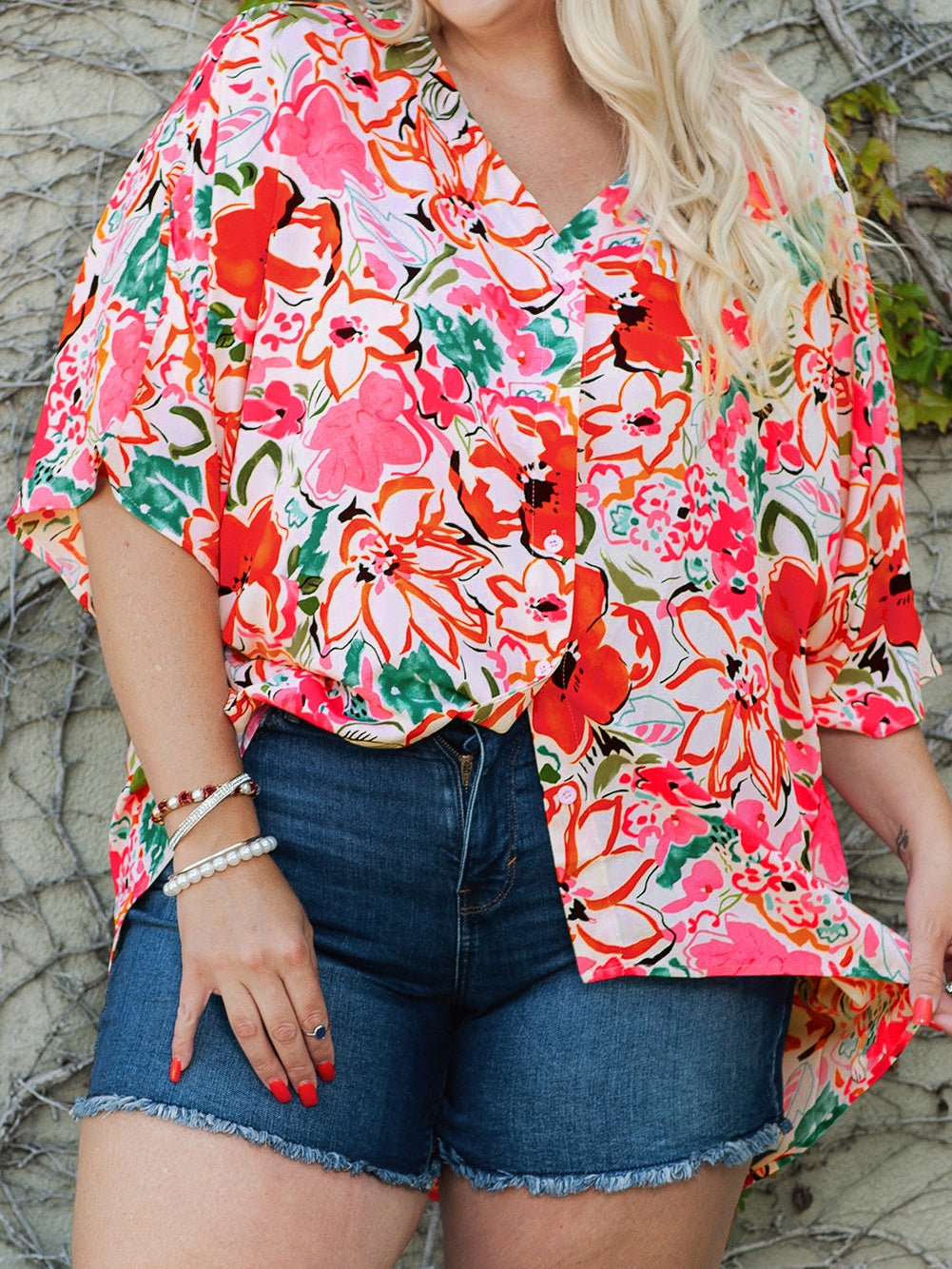 Floral Print Rose Kimono Sleeve Plus Size Blouse