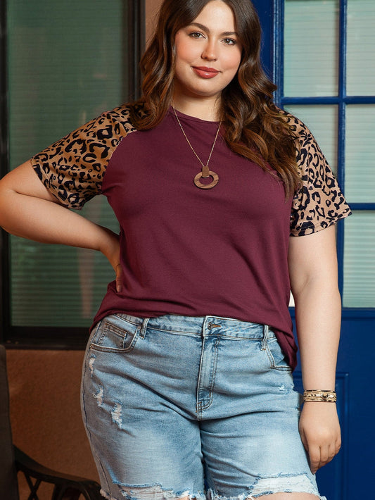 Leopard Print Raglan Sleeve Burgundy Plus Size Tee