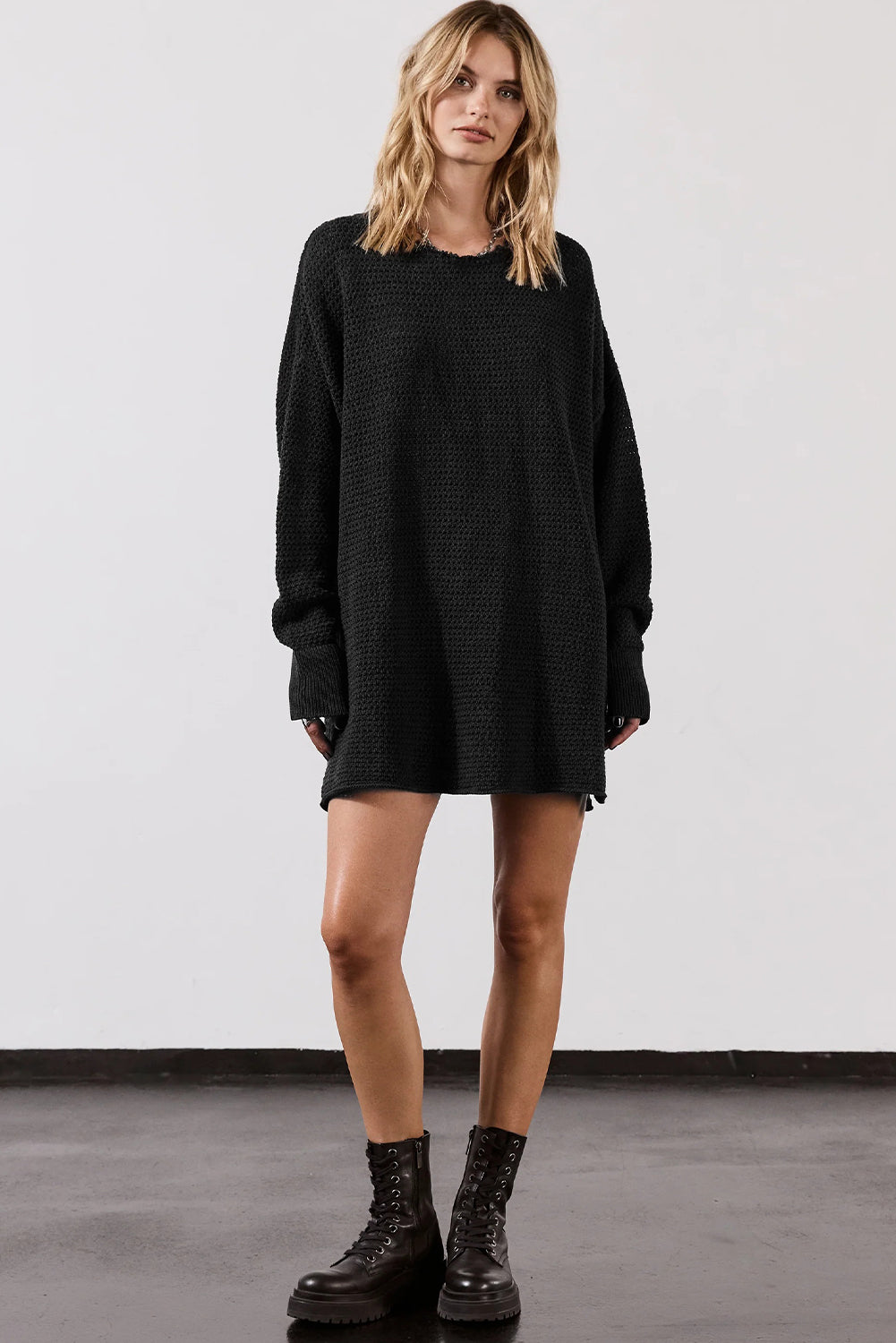 Black Textured Shift Fit Side Slit Long Sleeve Mini Dress