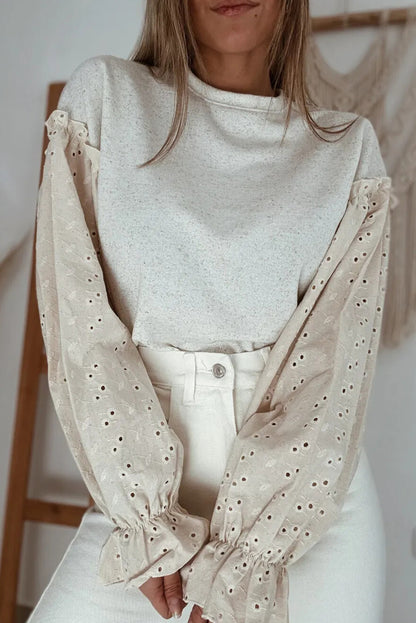 Jet Stream Embroidered Sleeve Patchwork Round Neck Top