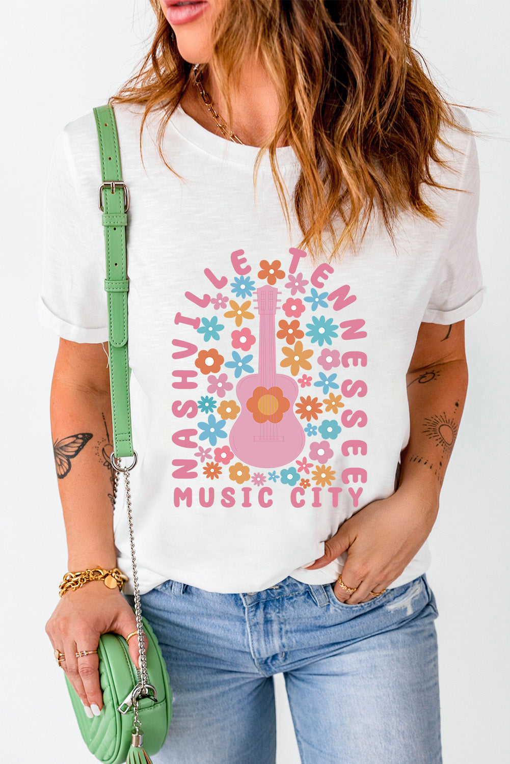 Floral Guitar Harmony Graphic Tee with Nashville Vibes