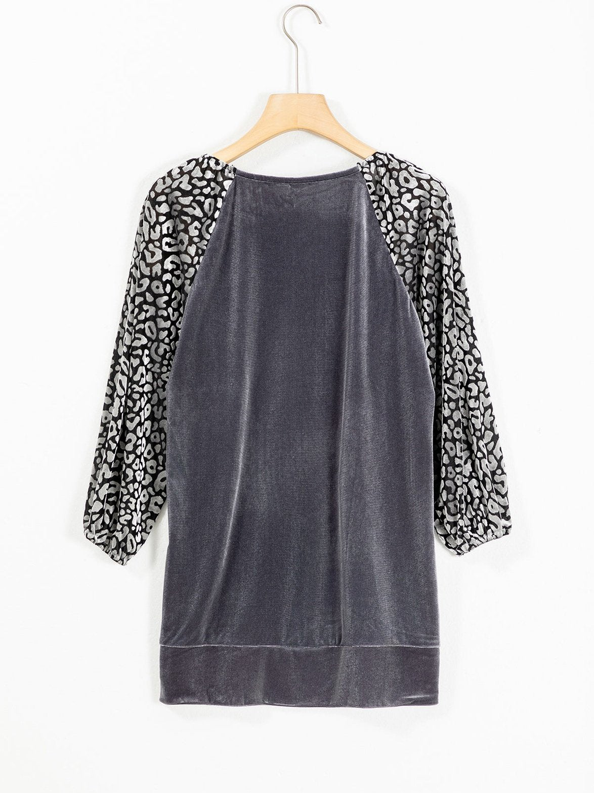 Grey Leopard Velvet Lantern Sleeve Blouse