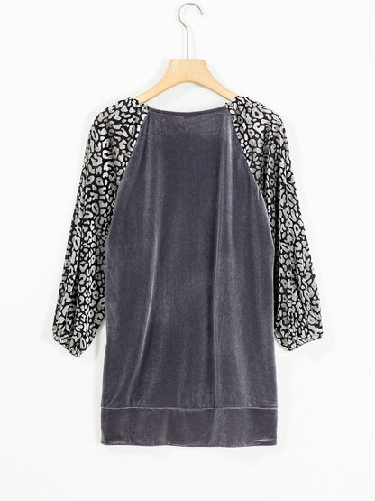 Grey Leopard Velvet Lantern Sleeve Blouse