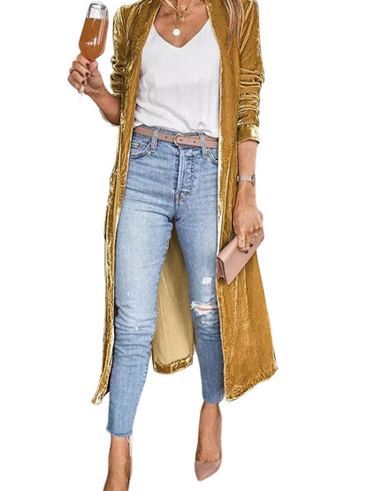 Golden Mustard Plush Open Front Pocketed Maxi Cardigan