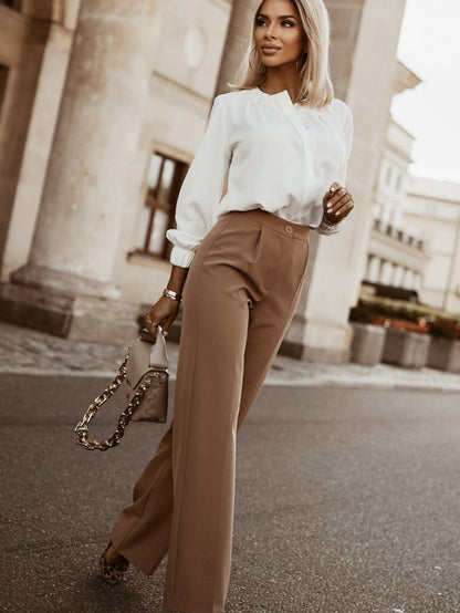 Graceful White Pleated Round Neck Shirt with Puff Sleeves