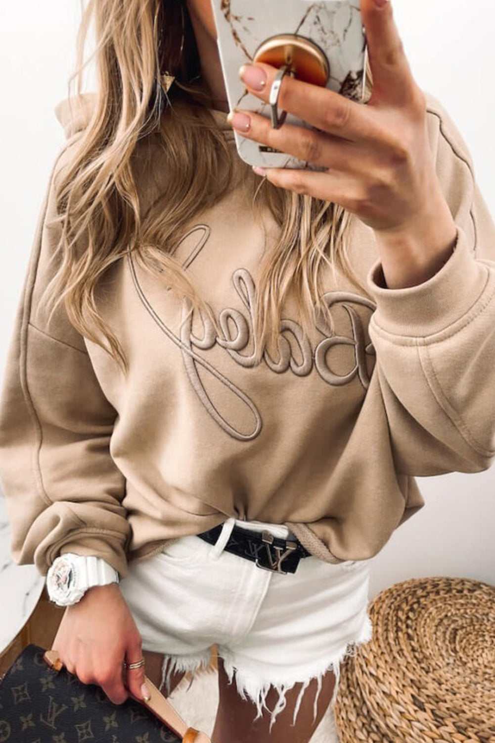 Parchment Baby Letter Embroidered Drop Shoulder Hoodie