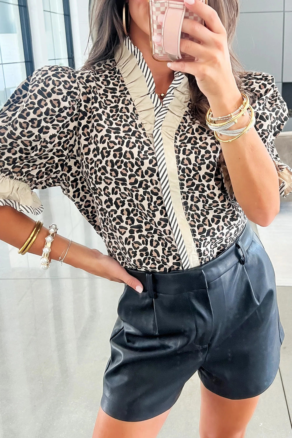 Black Leopard Print Striped Ruffled Color Block Trim V Neck Short Sleeve Blouse