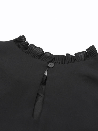Elegant Black Ruffle Sleeve Keyhole Back Blouse