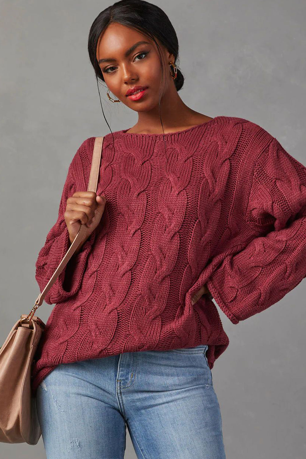 Mineral Red Round Neck Cable Knit Oversize Sweater