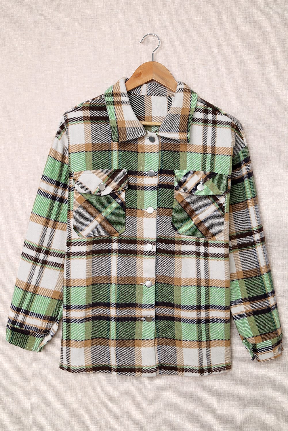 Green Plaid Print Shacket with Pockets