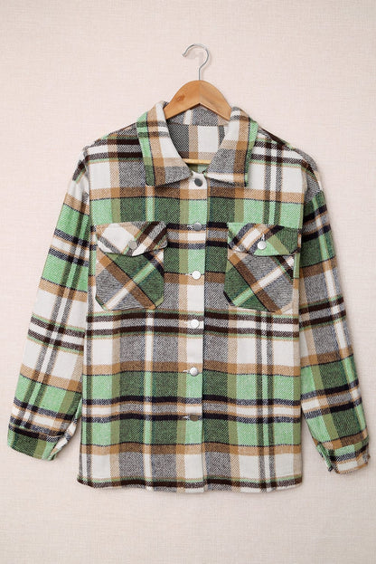 Green Plaid Print Shacket with Pockets