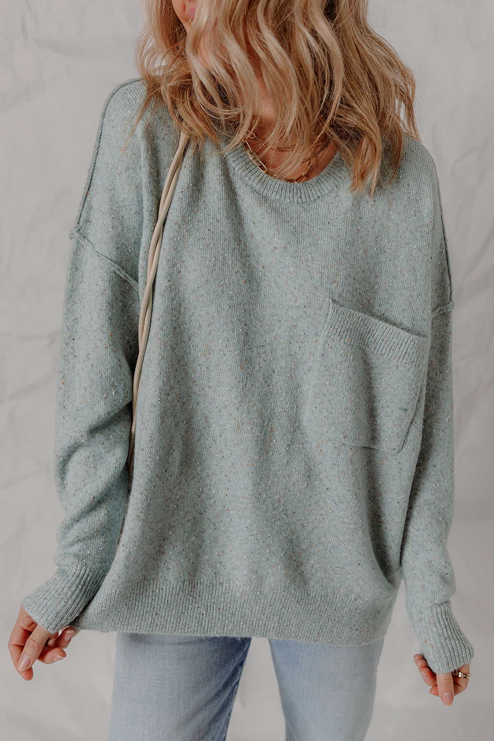 Smoke Green Confetti Knit Ribbed Trim Drop Shoulder Baggy Sweater