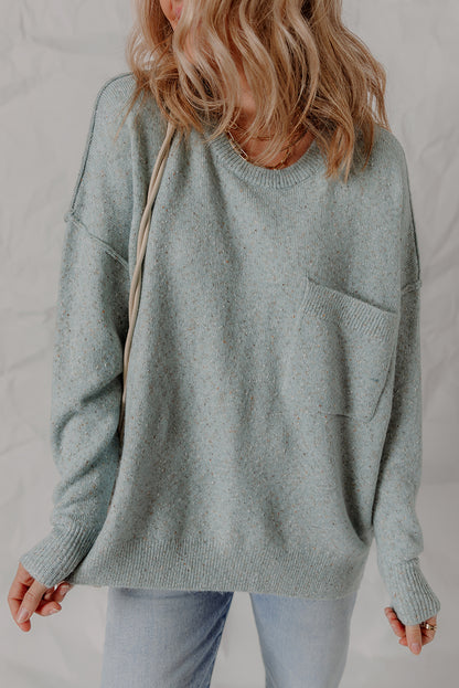 Smoke Green Confetti Knit Ribbed Trim Drop Shoulder Baggy Sweater
